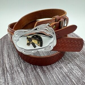 Western Belt Mens 46 Cowboy Horse Buckle Genuine Leather Belt Horseshoe Brown